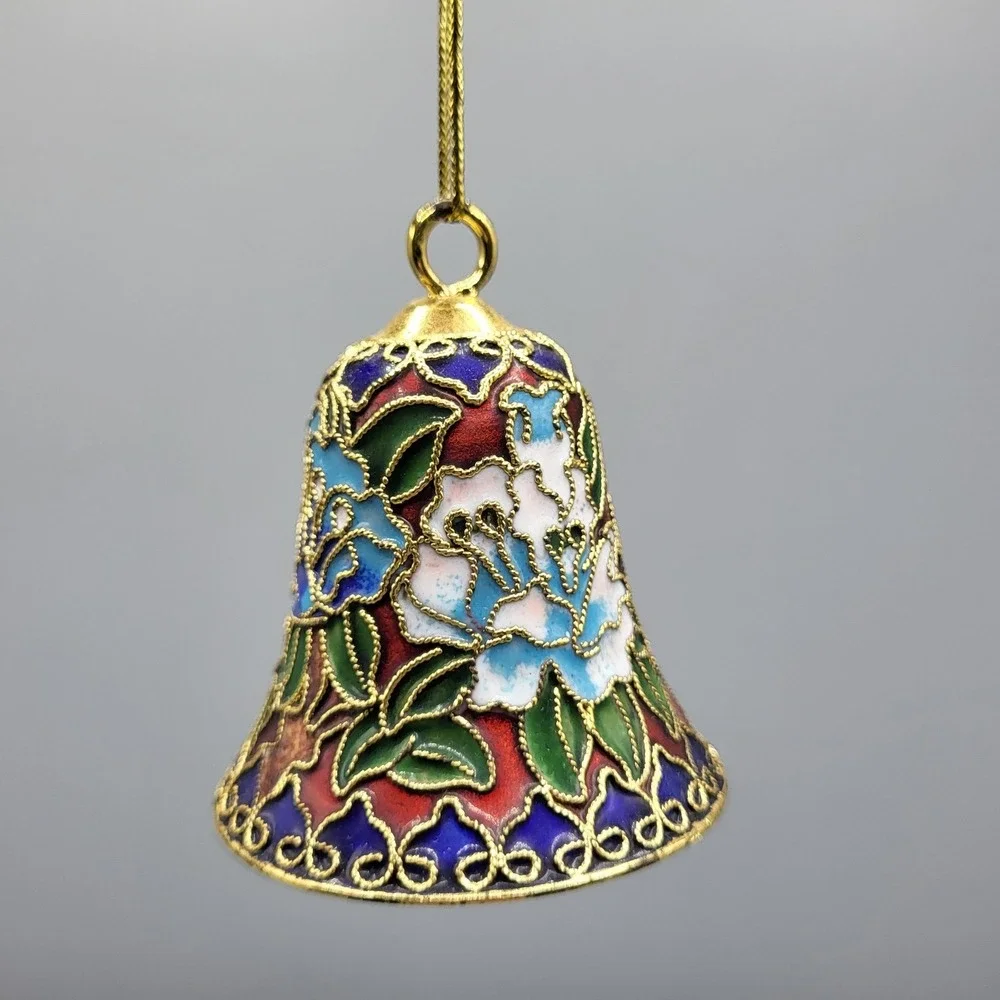 Cloisonne Bell Ornament Floral Enamel Filigree Blue Red Gold Holiday Decor